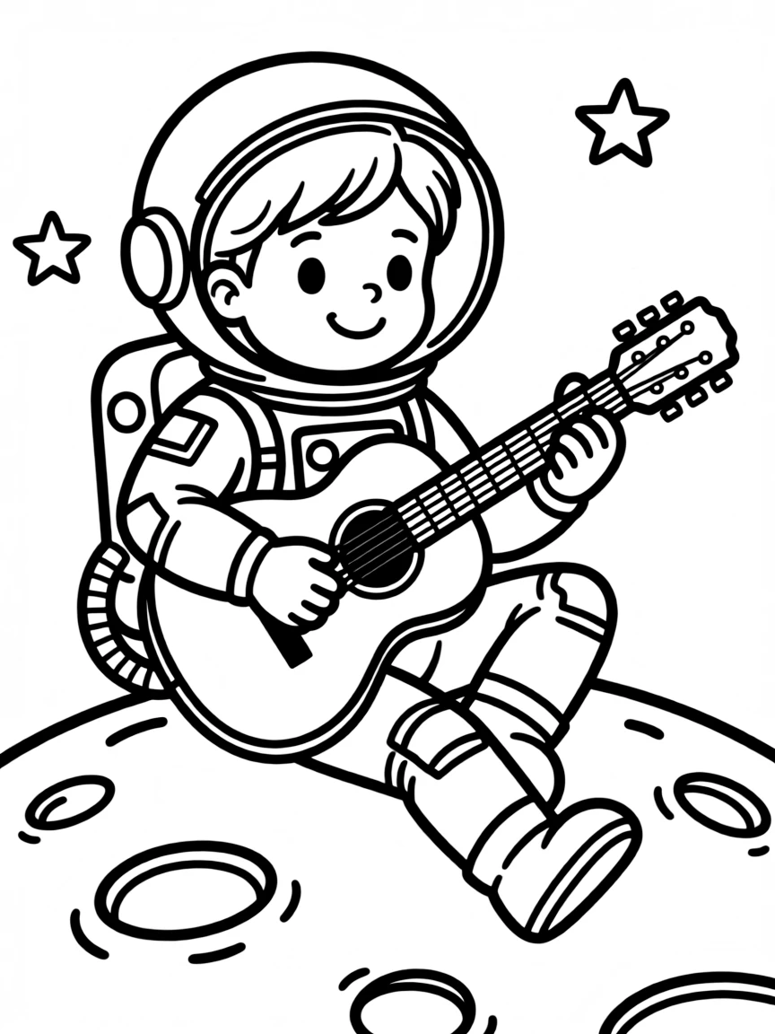 Cute cartoon astronaut playing guitar on the moon coloring book page