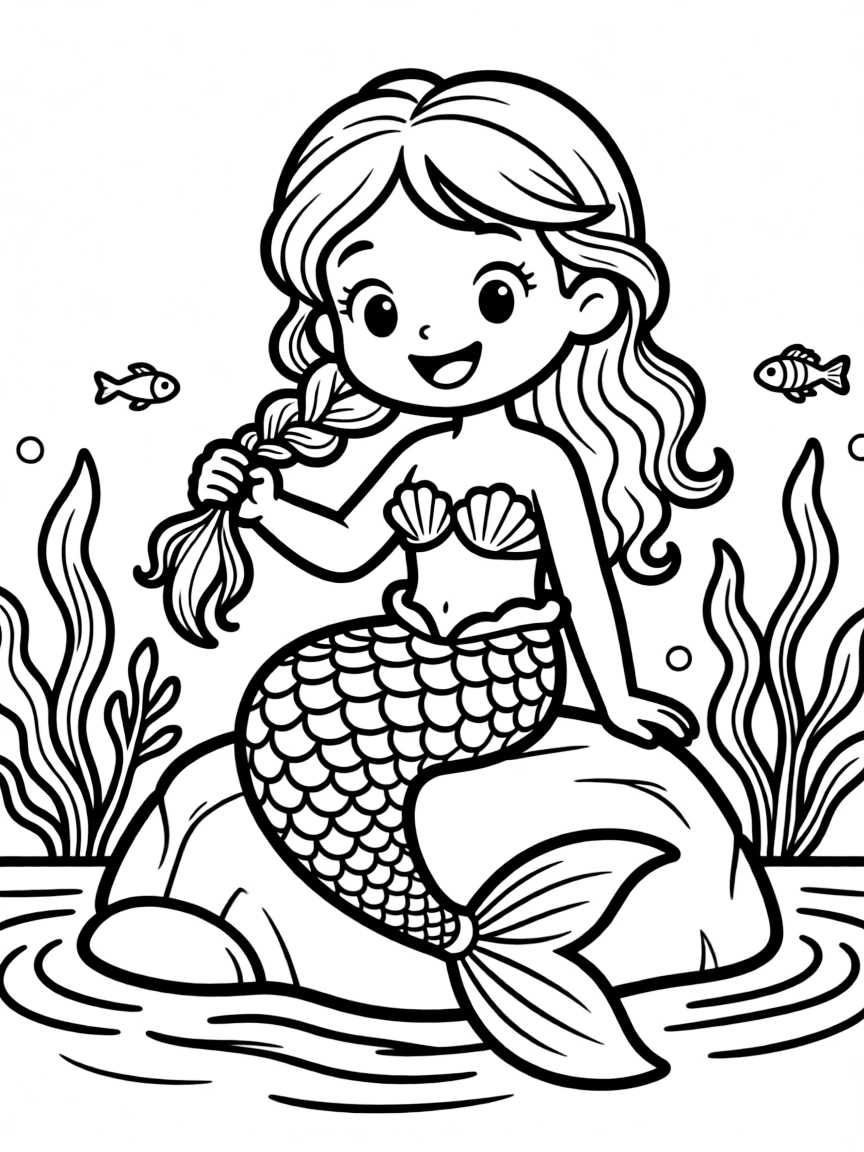 Cute cartoon mermaid braiding her hair with seaweed coloring book page