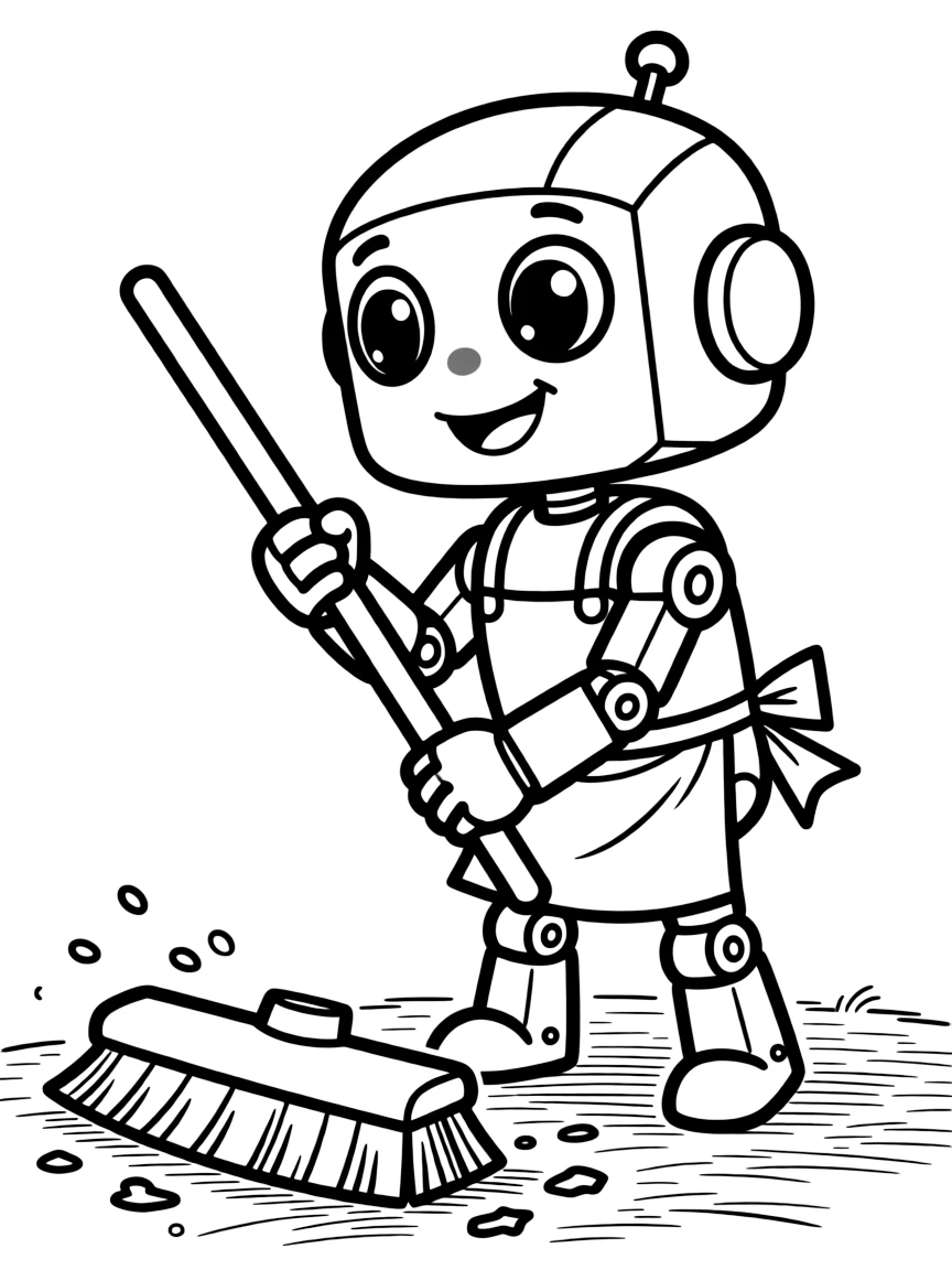 Cute cartoon robot sweeping the floor with a smile coloring book page