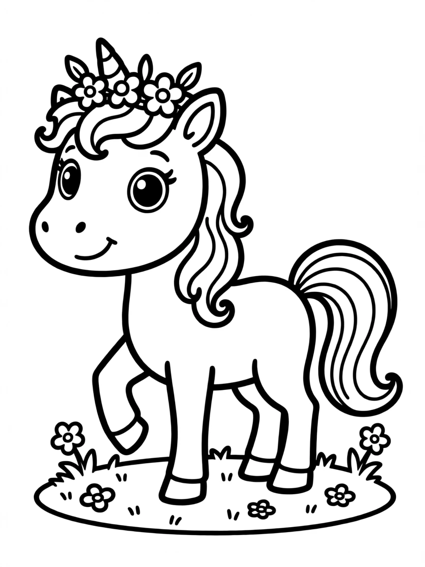 Cute cartoon unicorn wearing a tiny crown of flowers coloring book page
