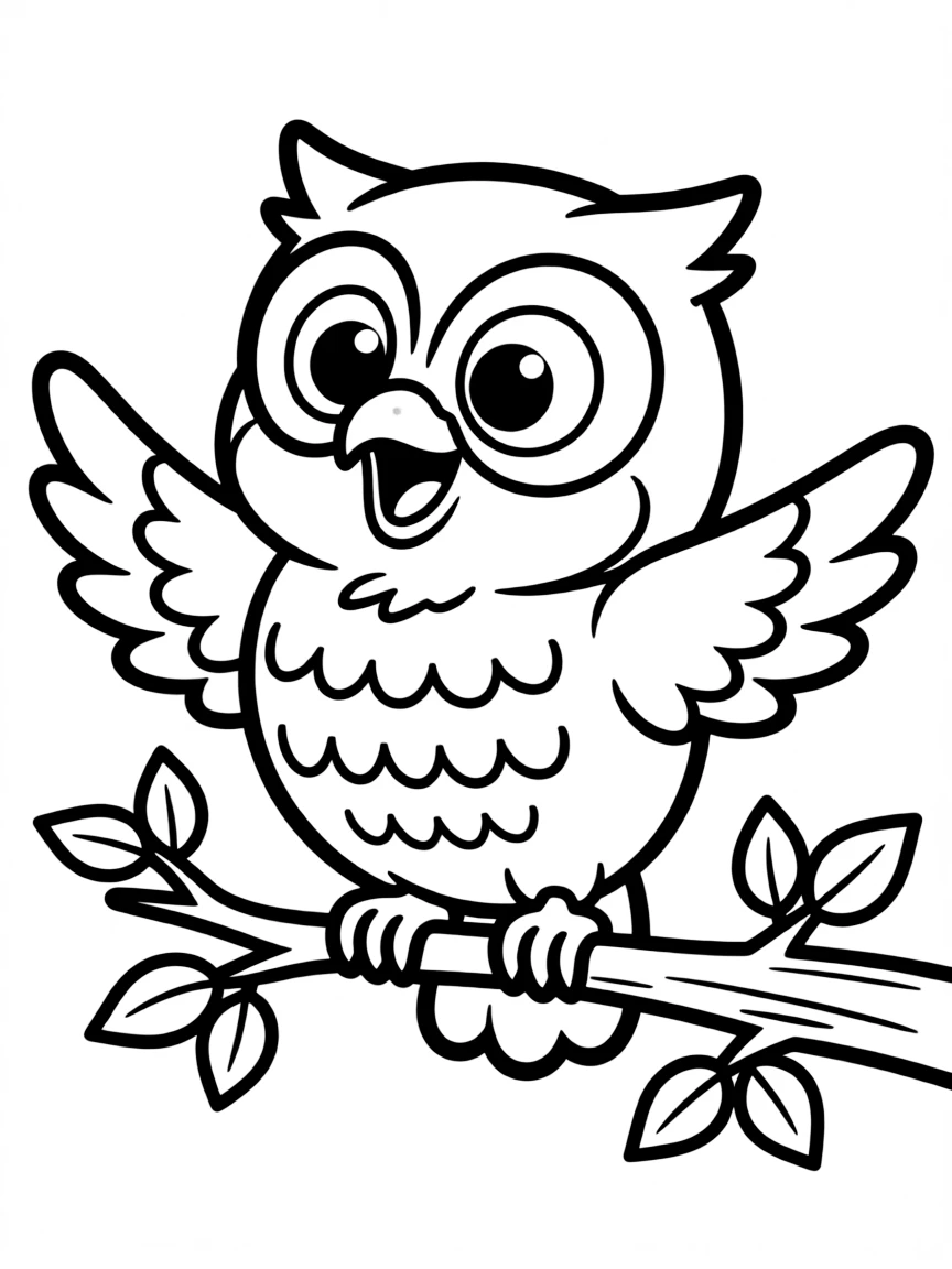 Cute cartoon owl hooting happily coloring book page