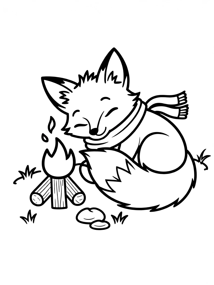 Cute cartoon fox curled up by a campfire coloring book page