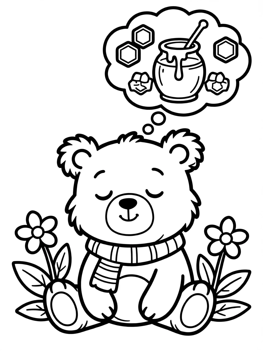 Cute cartoon bear dreaming of honey coloring book page