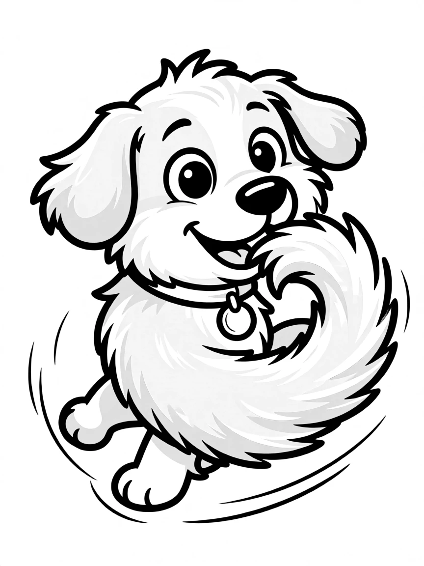 Cute cartoon dog chasing its tail coloring book page