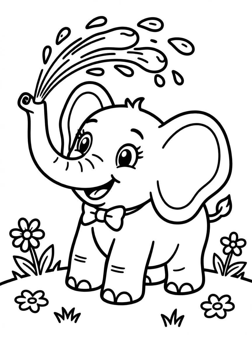 Cute cartoon elephant spraying water from its trunk coloring book page