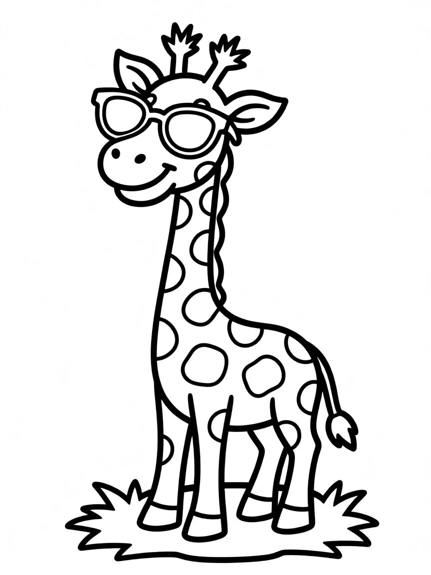 Cute cartoon giraffe wearing sunglasses coloring book page