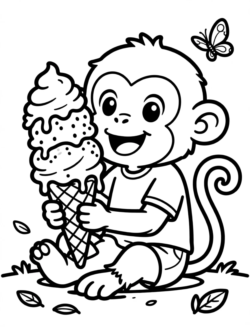 Cute cartoon monkey eating ice cream coloring book page