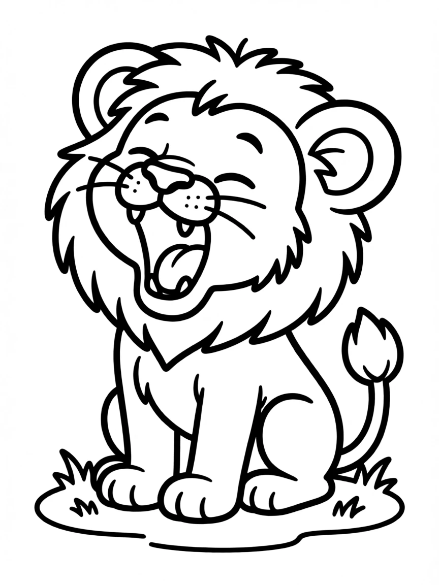 Cute cartoon lion cub yawning widely coloring book page