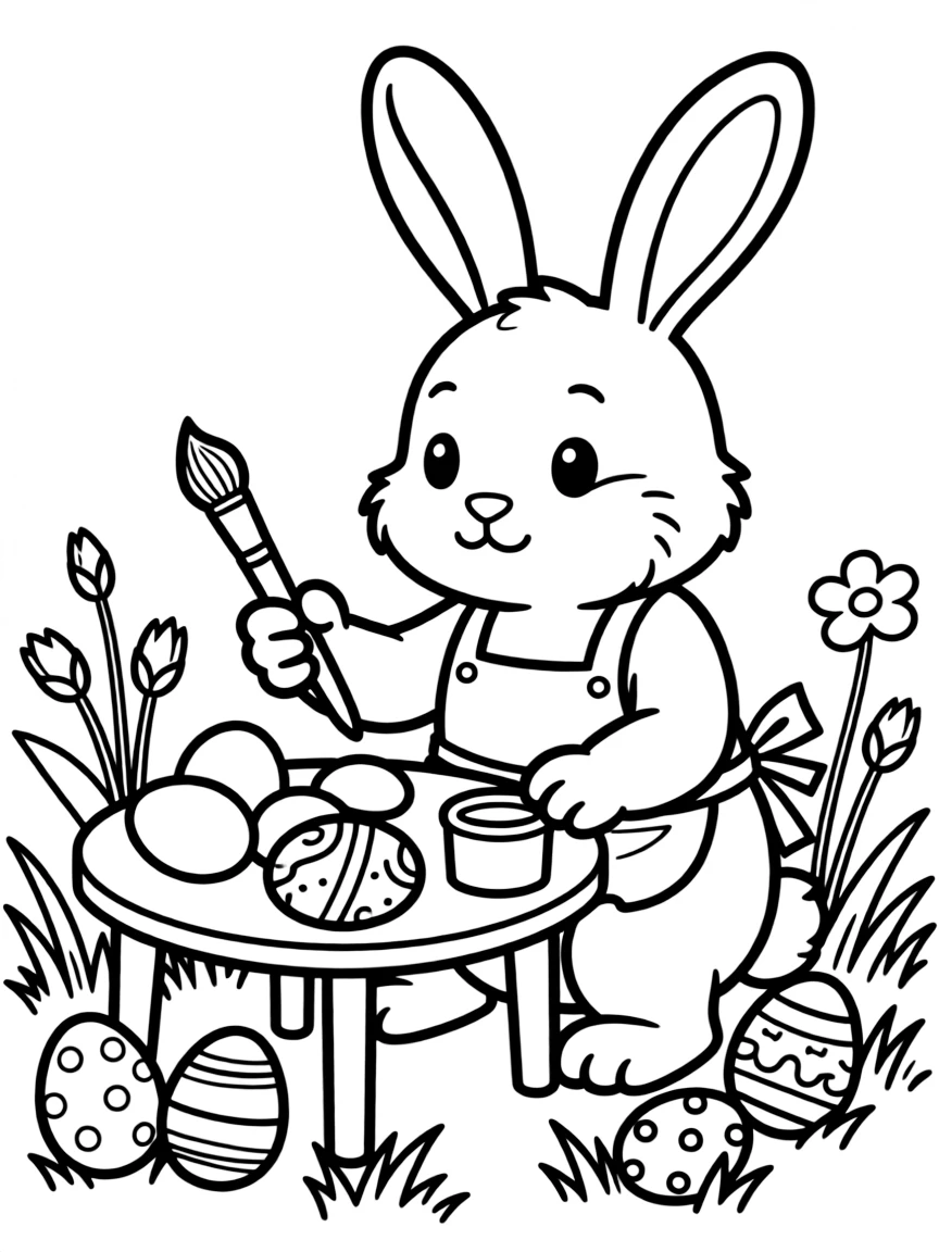 Cute cartoon bunny painting easter eggs coloring book page