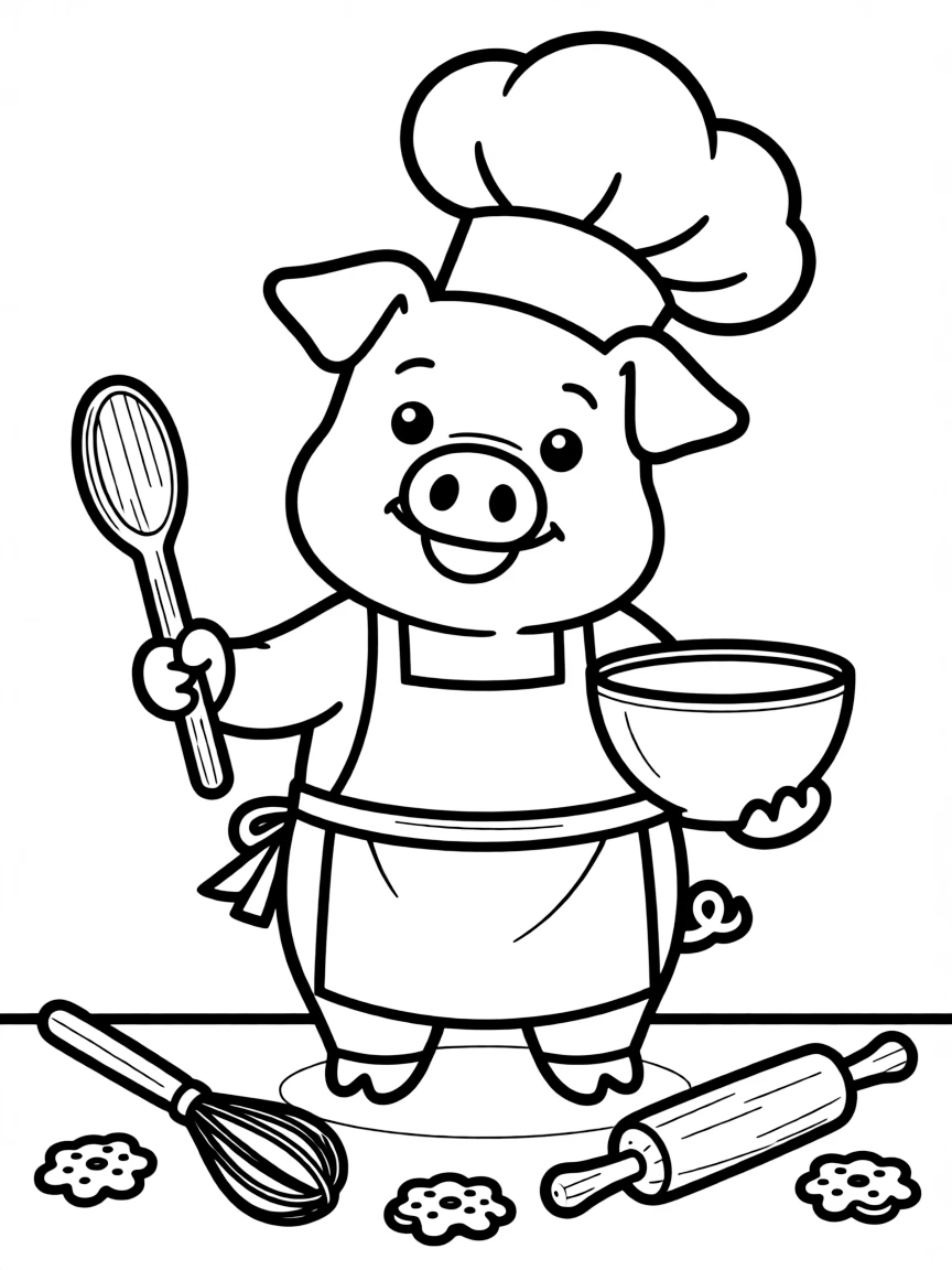 Cute cartoon pig wearing a chef's hat coloring book page