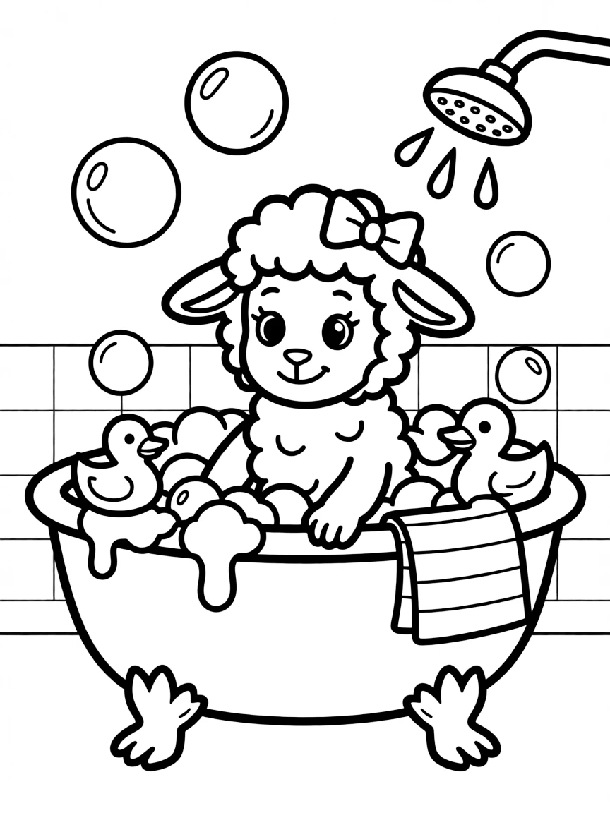 Cute cartoon sheep having a bubble bath coloring book page