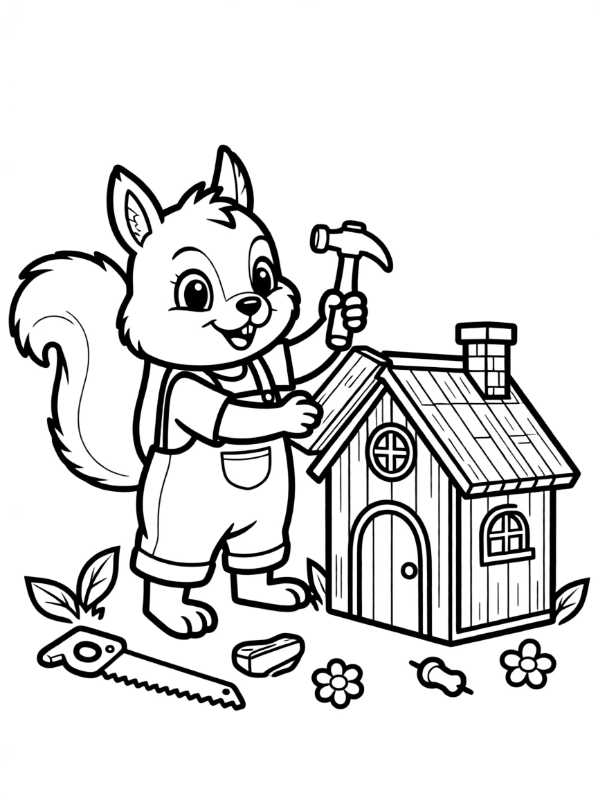 Cute cartoon squirrel building a tiny house coloring book page