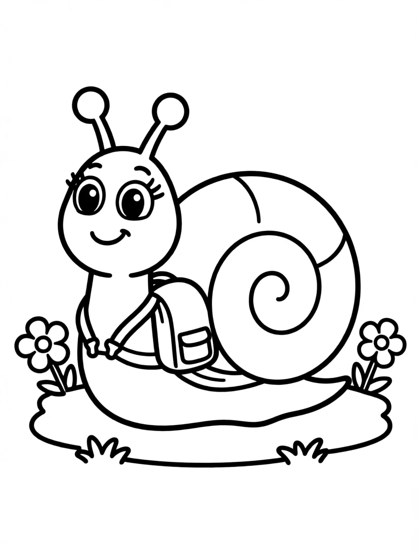 Cute cartoon snail with a tiny backpack coloring book page