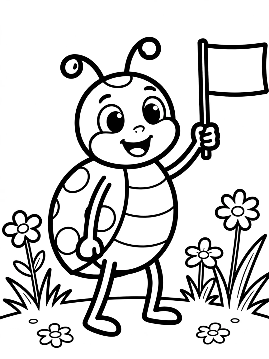Cute cartoon ladybug waving a tiny flag coloring book page