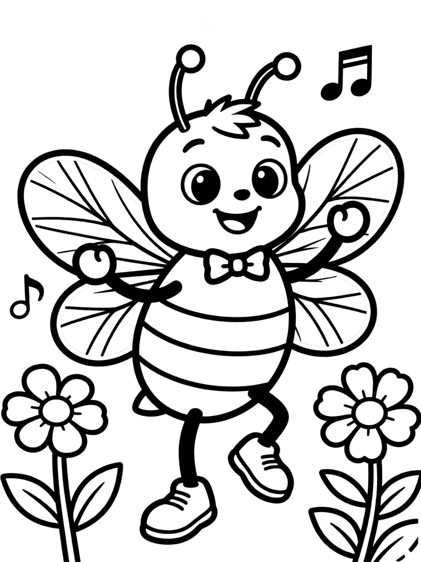 Cute cartoon bee doing a happy dance coloring book page