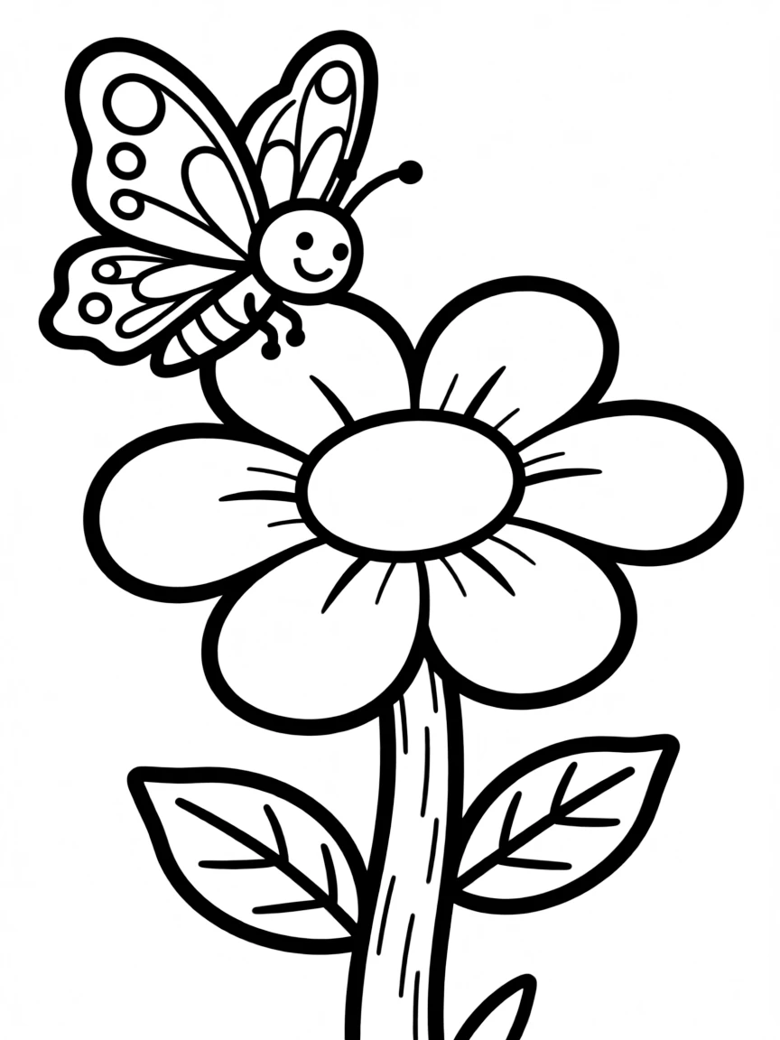 Cute cartoon butterfly landing on a giant flower coloring book page
