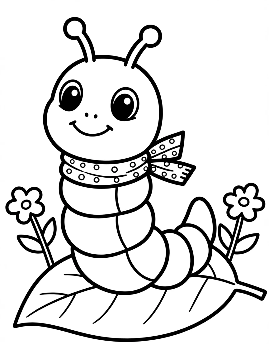 Cute cartoon caterpillar wearing a tiny scarf coloring book page