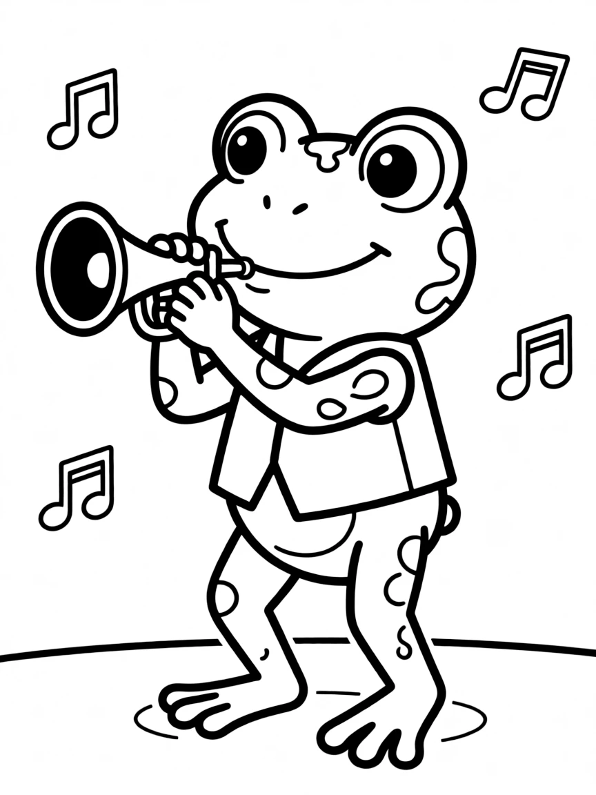 Cute cartoon frog blowing a tiny trumpet coloring book page