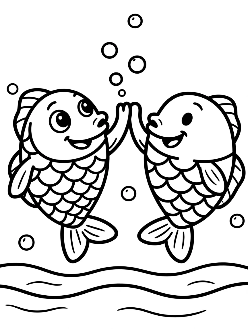 Cute cartoon fish giving a high-five to another fish coloring book page