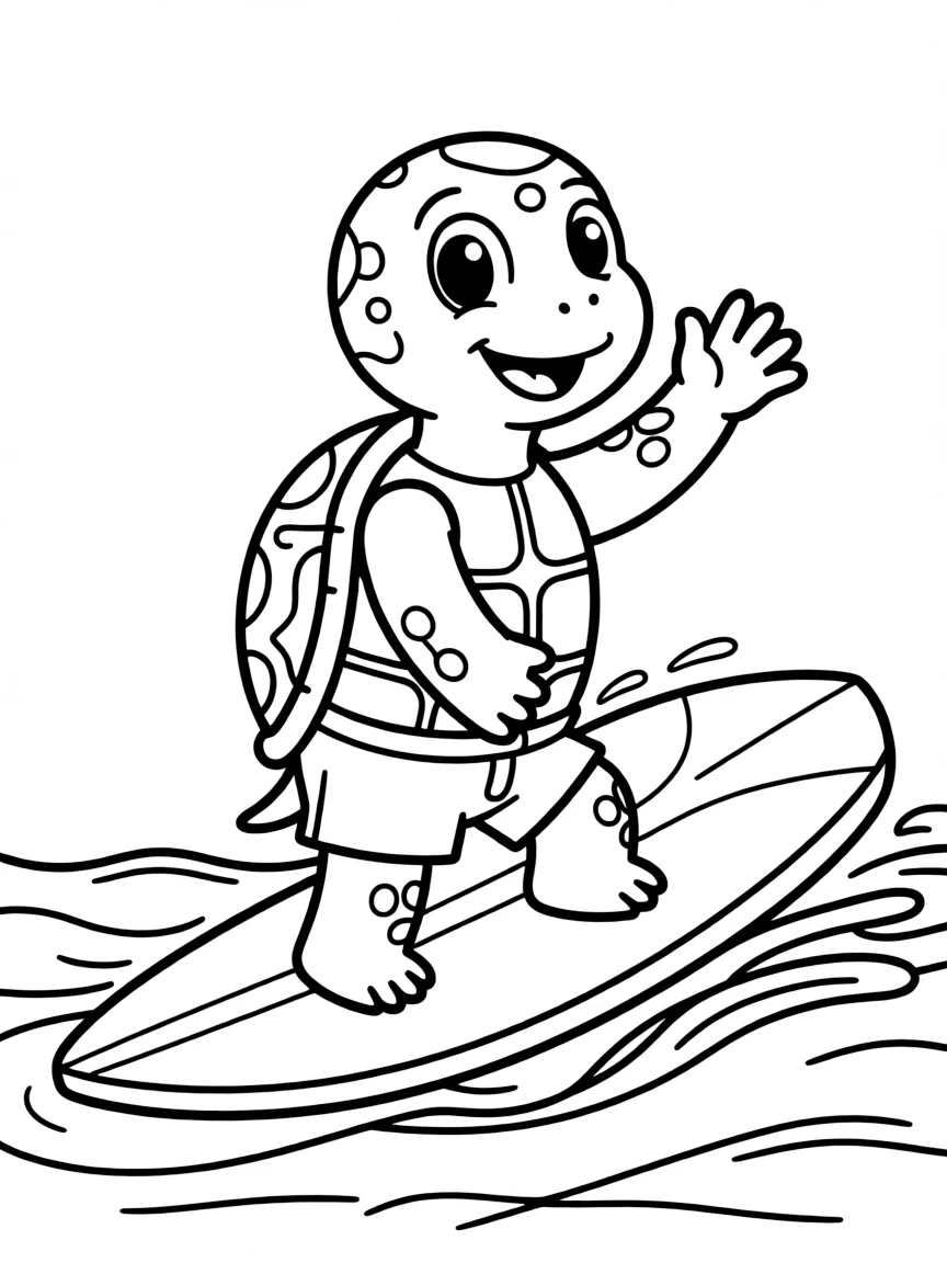 Cute cartoon turtle riding a surfboard coloring book page