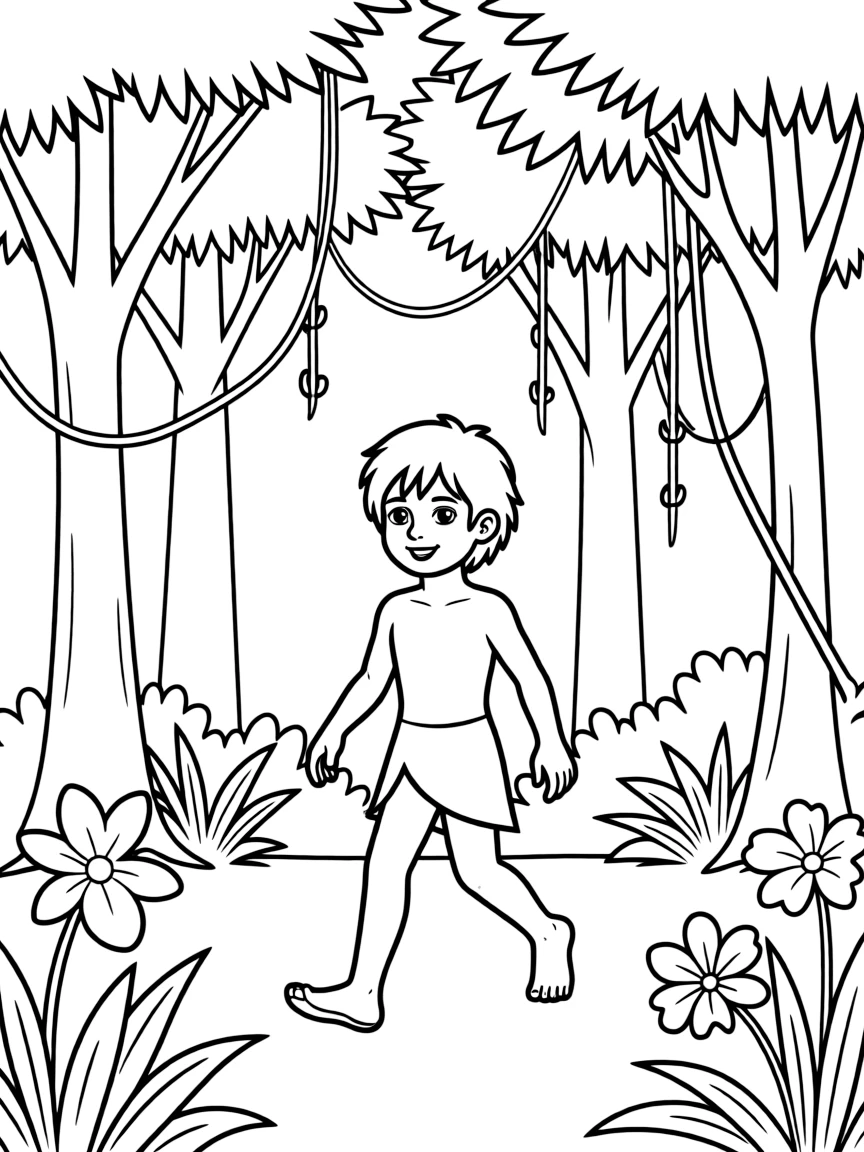 (The Jungle Book) Mowgli walking through the jungle with trees and vines around him