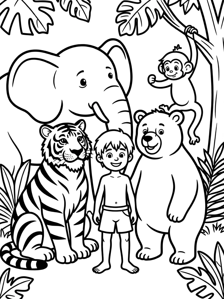 (The Jungle Book) Jungle animals gathered around Mowgli