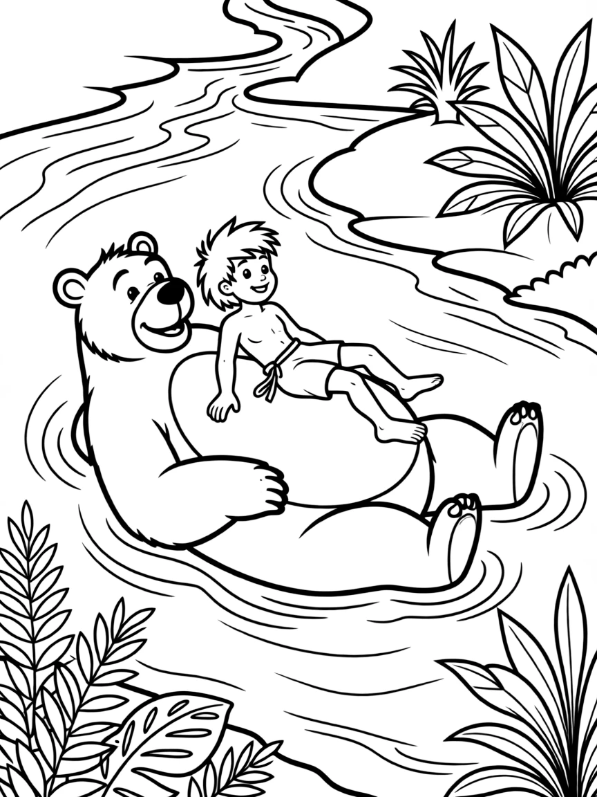 (The Jungle Book) Mowgli floating on Baloo’s belly in the river