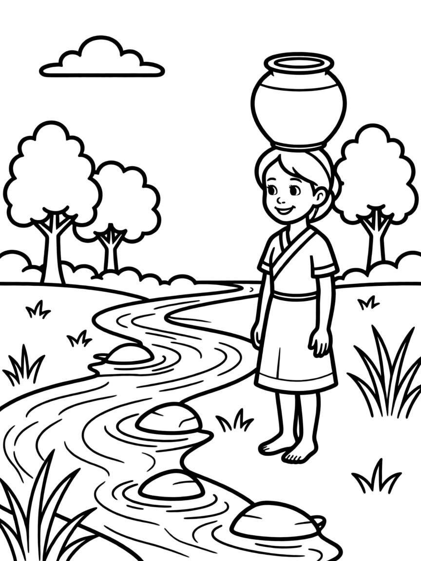 (The Jungle Book) Shanti the village girl with a water pot by the river