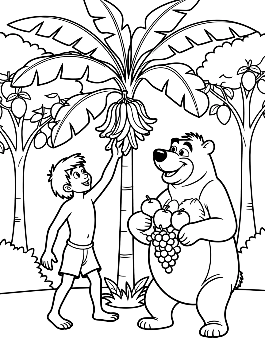 (The Jungle Book) Mowgli and Baloo collecting bananas and fruit