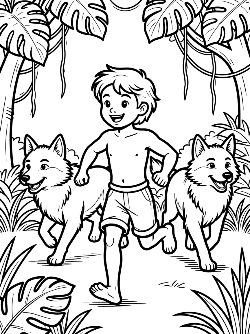 (The Jungle Book) Mowgli running through the jungle with wolves