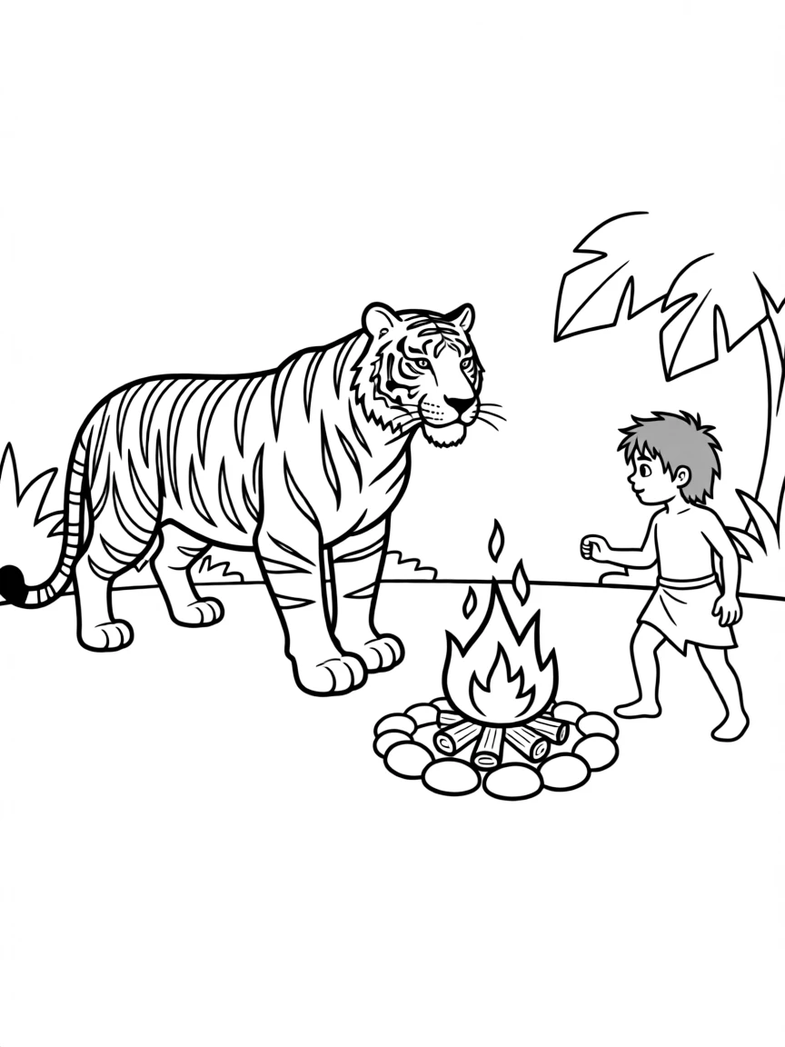 (The Jungle Book) Shere Khan facing off with Mowgli near a fire