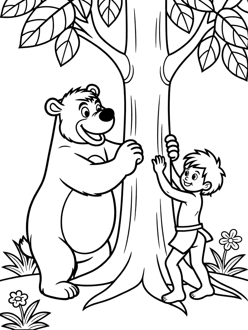(The Jungle Book) Baloo teaching Mowgli how to scratch his back on a tree