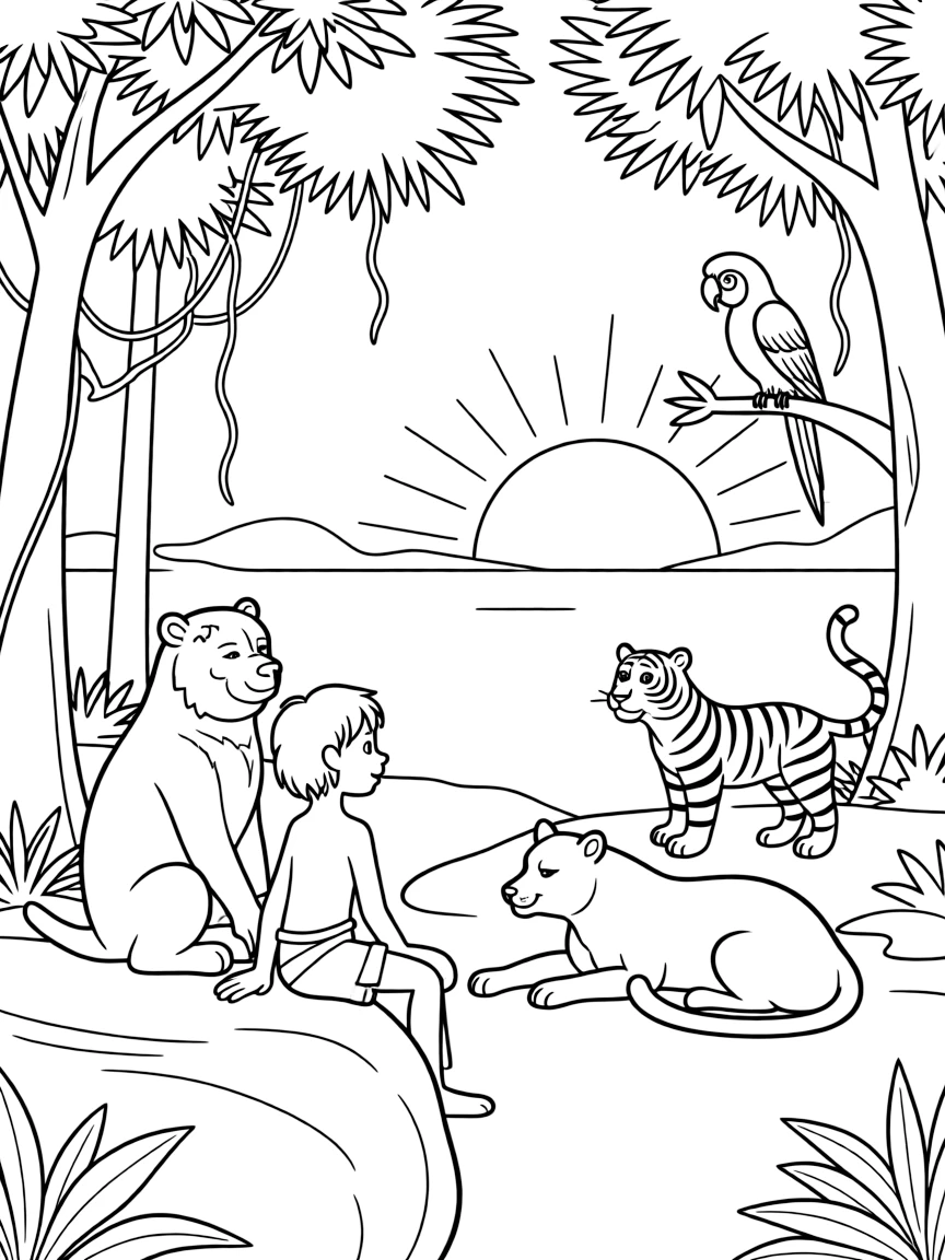 (The Jungle Book) A peaceful jungle sunset with Mowgli and his friends watching