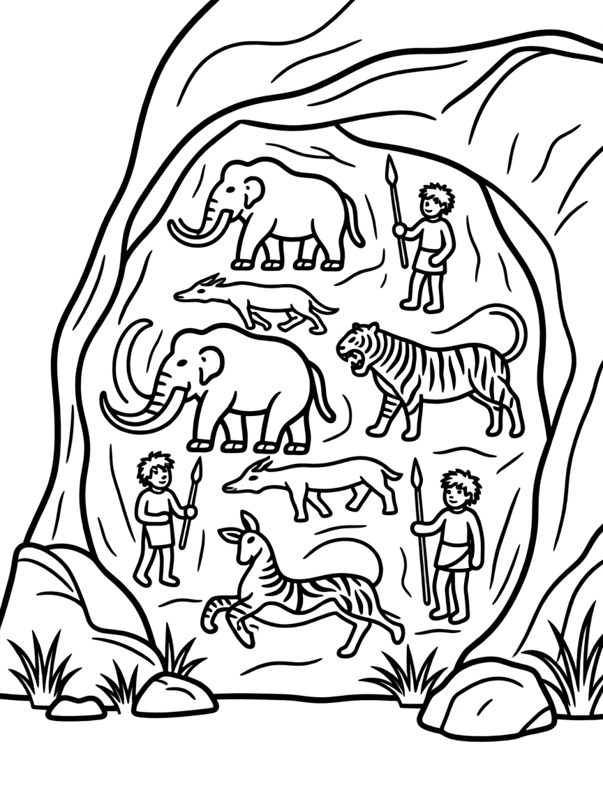 (Ice Age) A cave wall with ancient drawings and animals