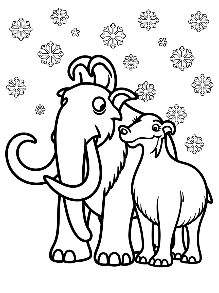 (Ice Age) Manny and Ellie standing together under falling snow