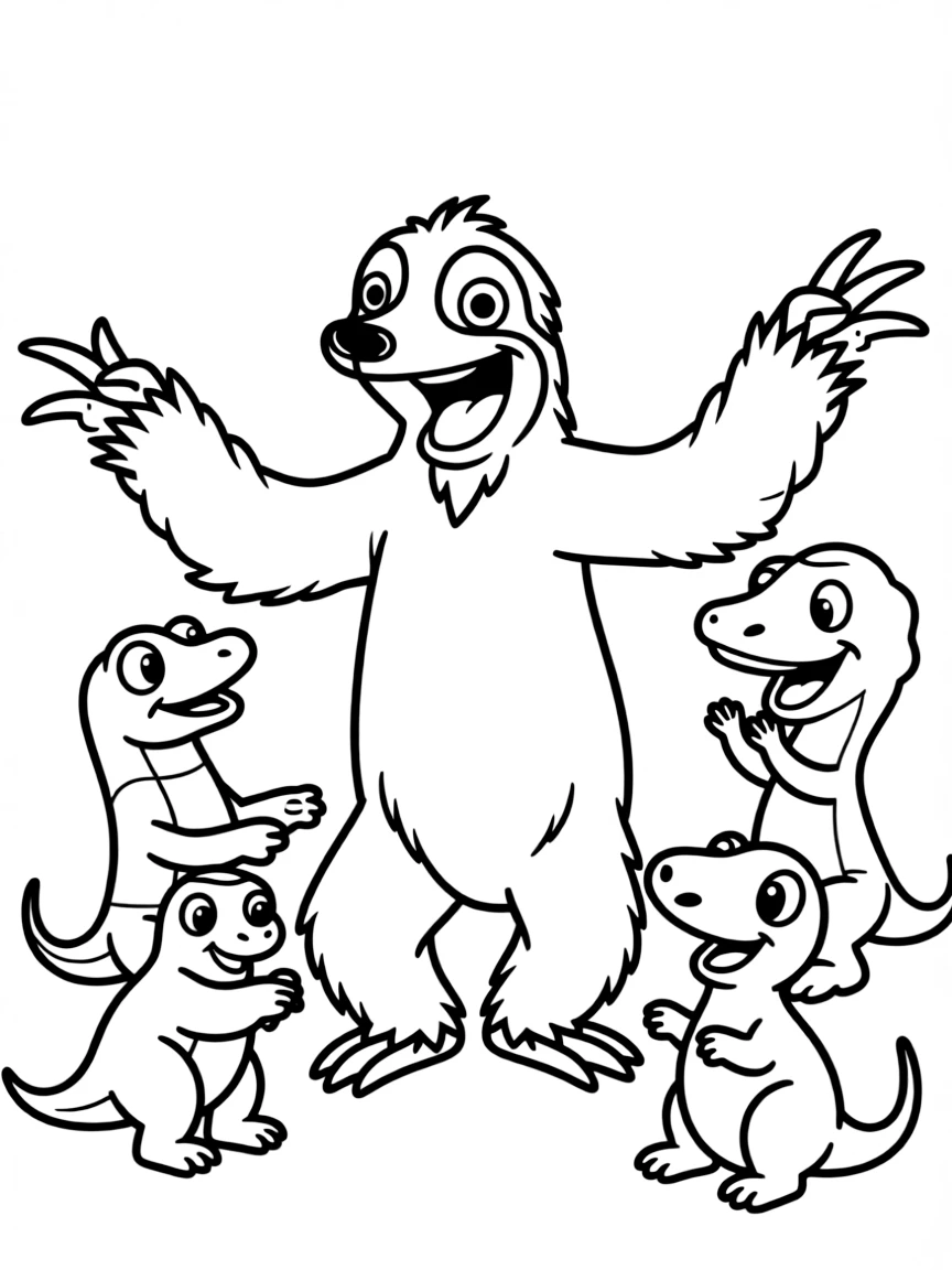(Ice Age) Sid dancing around with baby dinosaurs