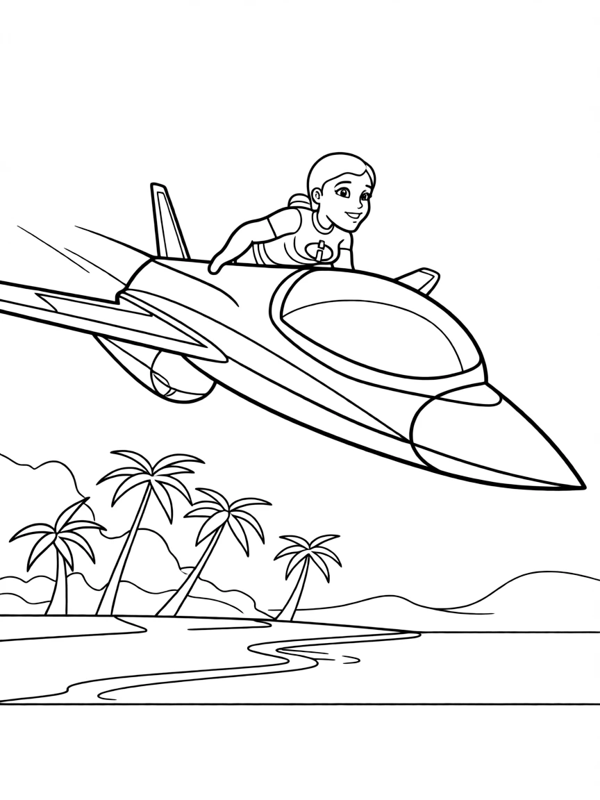 (The Incredibles) Helen flying a jet over an island