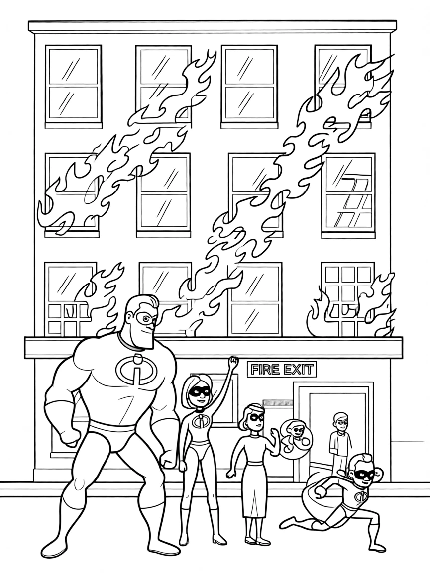 (The Incredibles) The Incredibles saving people from a burning building