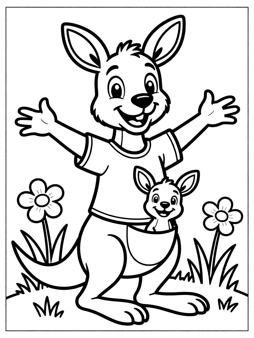 Cheerful cartoon kangaroo coloring page
