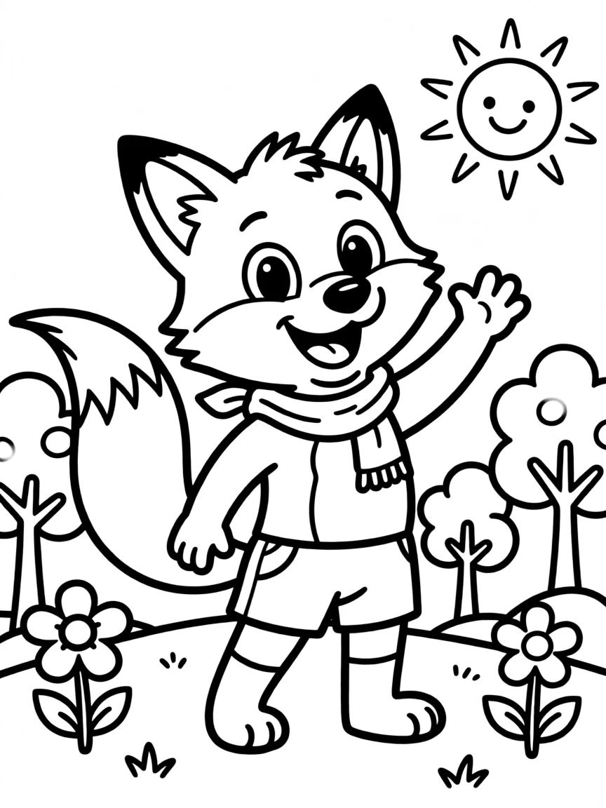 Cheerful cartoon fox coloring page