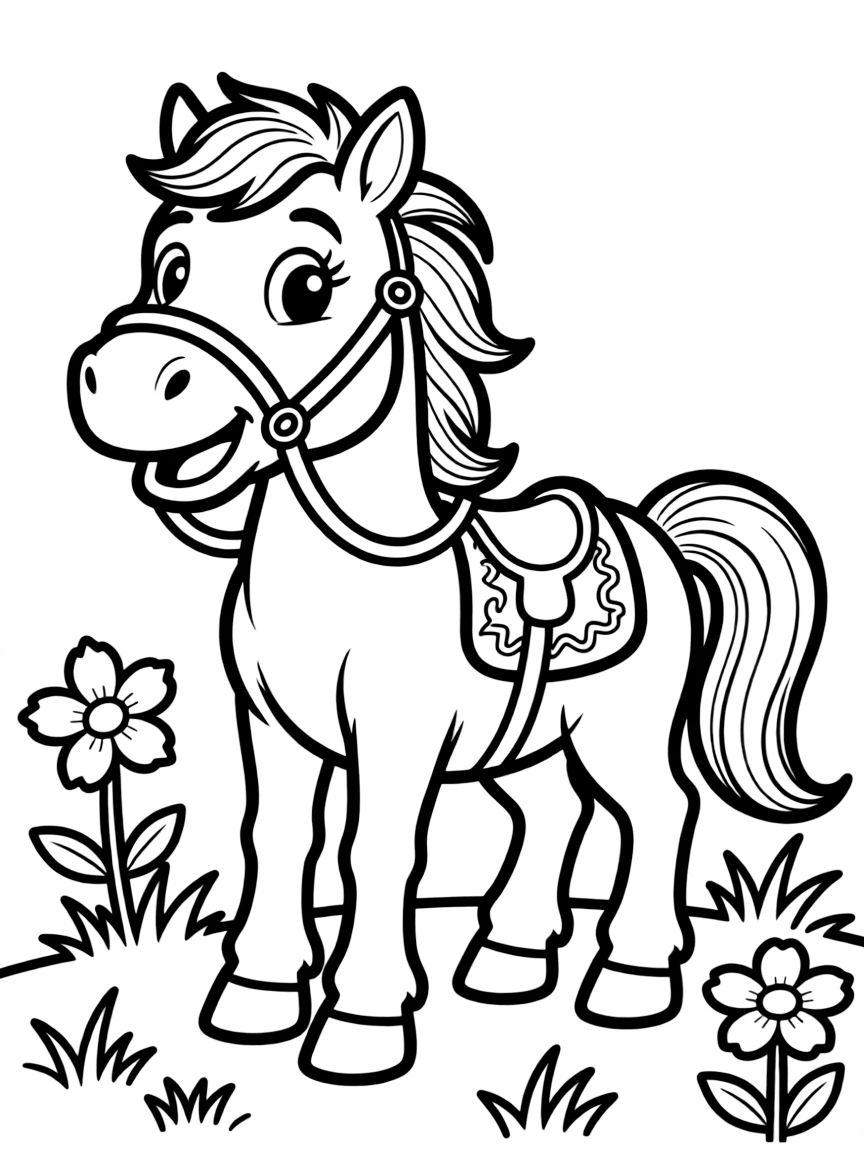 Cheerful cartoon horse coloring page