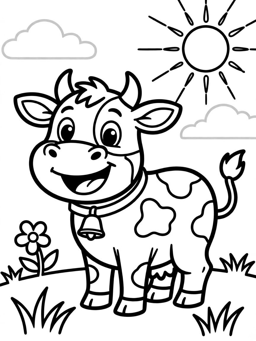 Cheerful cartoon cow coloring page