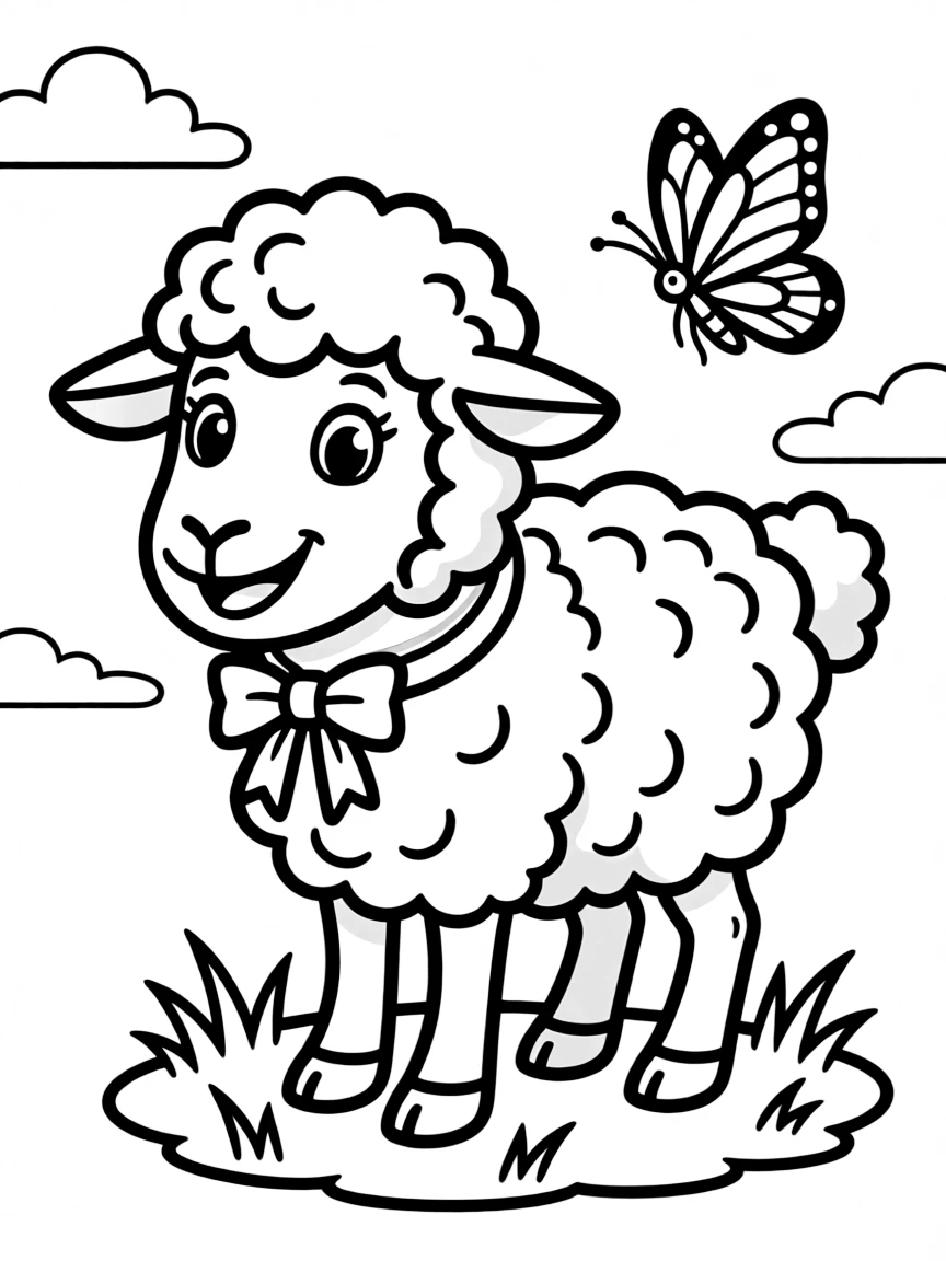 Cheerful cartoon sheep coloring page