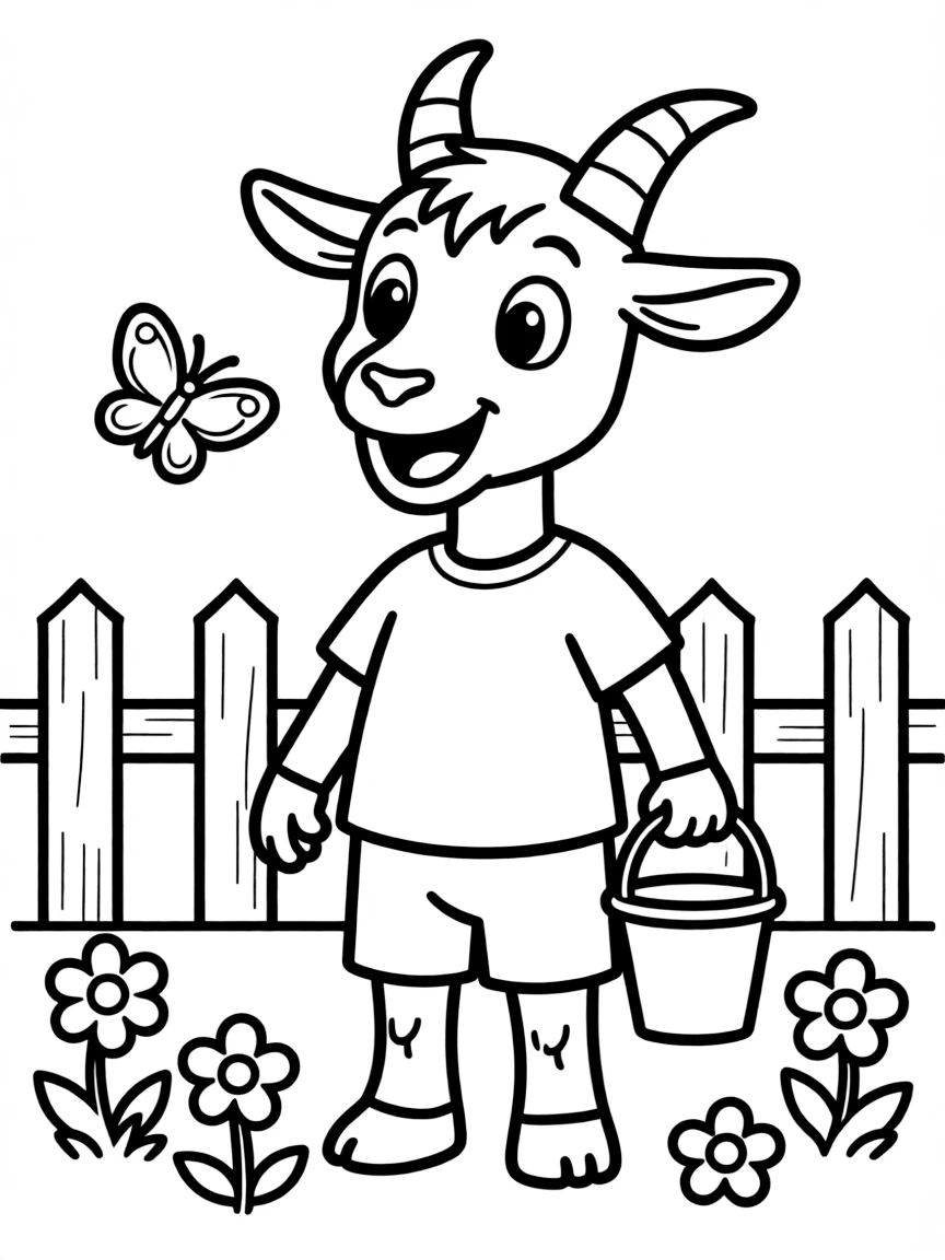 Cheerful cartoon goat coloring page