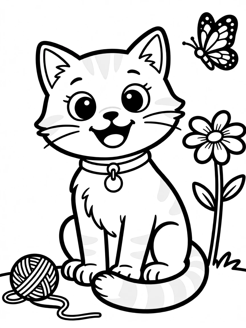 Cheerful cartoon cat coloring page