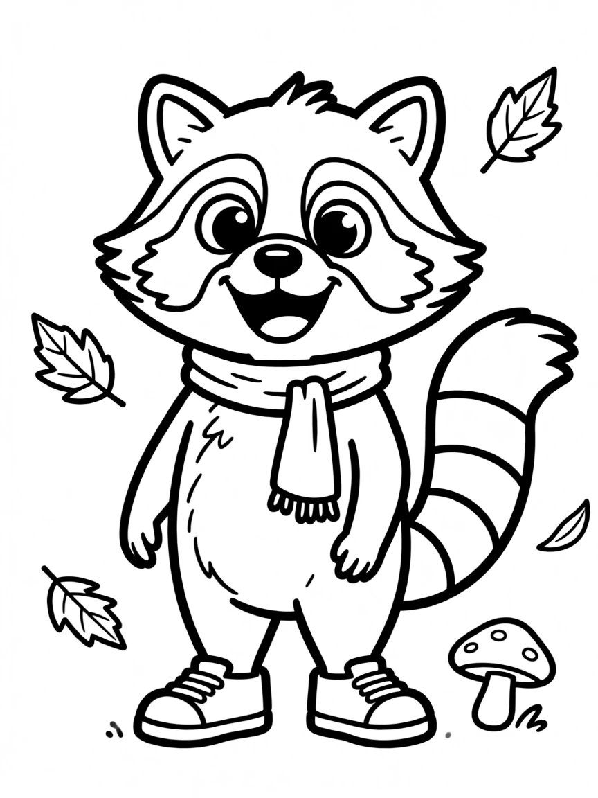 Cheerful cartoon raccoon coloring page