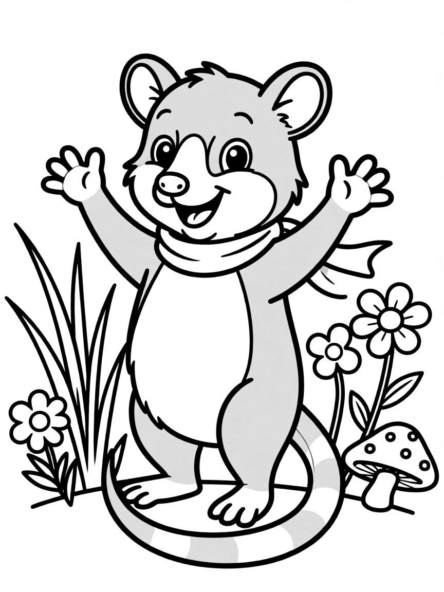 Cheerful cartoon opossum coloring page