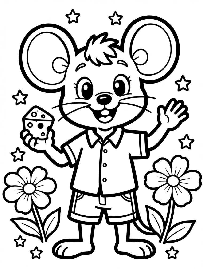 Cheerful cartoon mouse coloring page