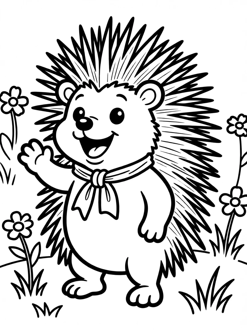 Cheerful cartoon porcupine coloring page