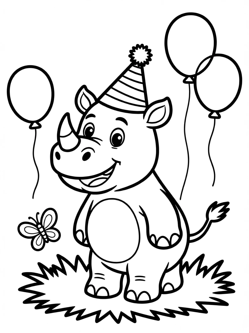 Cheerful cartoon rhinoceros coloring page